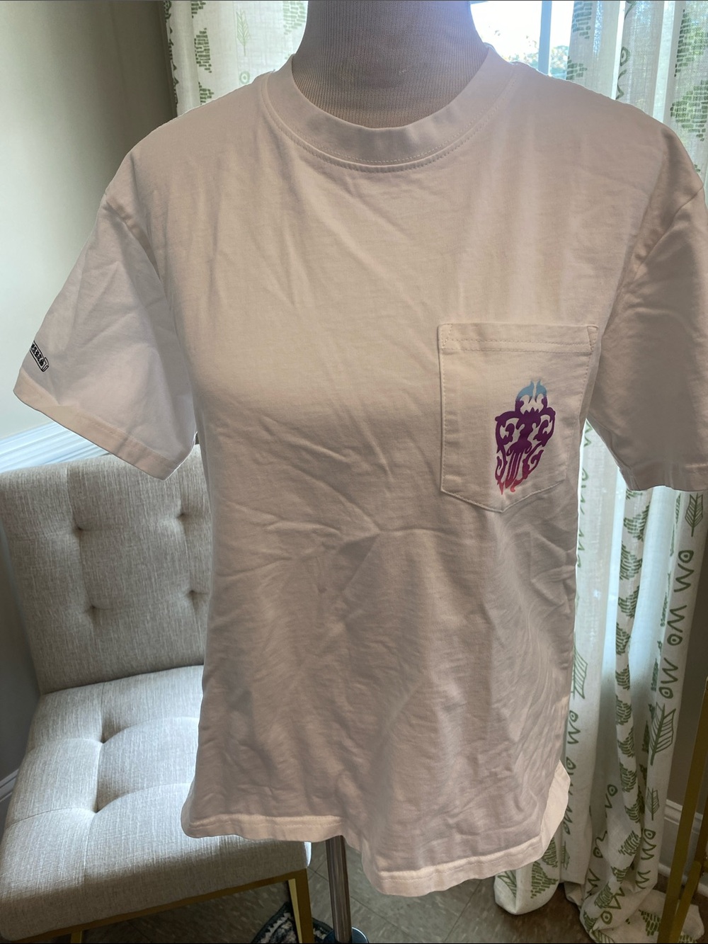 Chrome Hearts White Pocket T-Shirt with Purple & Blue Flame Graphic